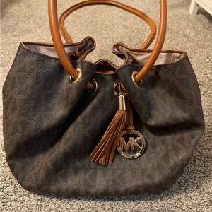 Michael Kors Dark Brown Shoulder Bag with Tan Accents